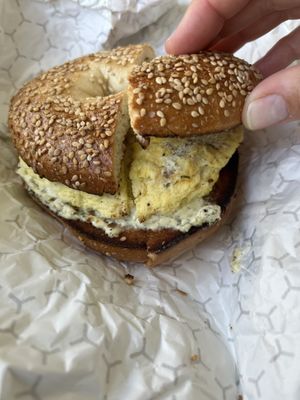 2 eggs, garlic and herb CC, sesame bagel.