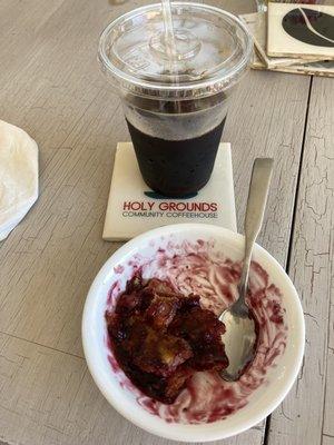 blackberry cobbler and iced coffee for dessert