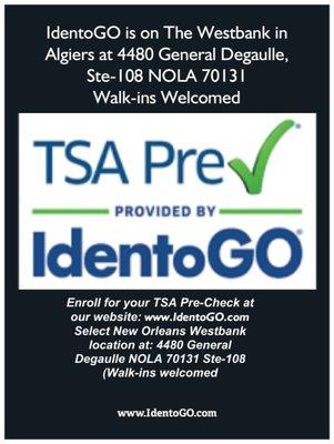 We provide TSA Pre-Check at our location at: 4480 General Degaulle, ste-108, NOLA 70131