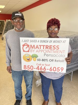 A very satisfied couple that saved a bunch of money on a new mattress at Mattress By Appointment Pensacola!