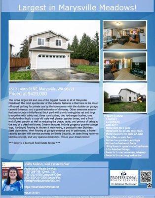 Just Listed 4/22/19! This spacious home on 1/5-acre is the largest property in Marysville Meadows.