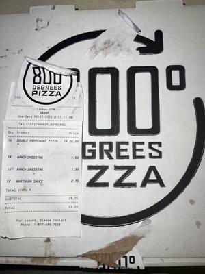 800 degrees pizza box w itemized receipt