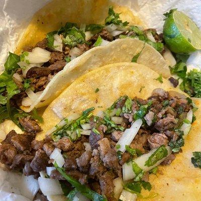 Carna asada tacos come with 4 piece with onions and cilantro and slice of lime!