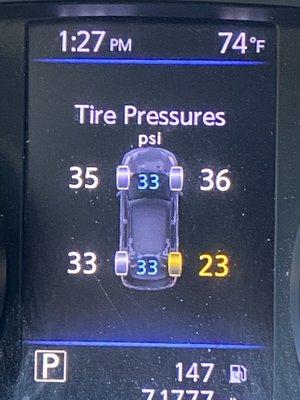 This is what they gave me back.. the inconsistency of the psi and the same problem i took my car in for, the deflating tire on the back.