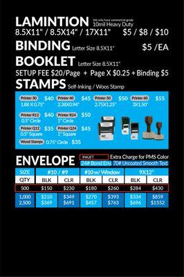 Stamps, Envelope Price Chart *Prices may be changed at any time without further notice.