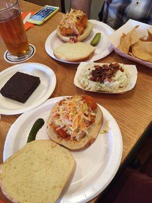 Buffalo Southern Fried “chicken” sandwiches with Cole slaw, brownie, potato salad, spinach & artichoke dip with chips