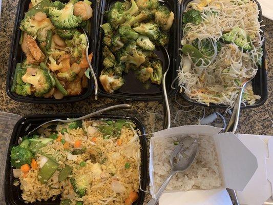 Home style bean curd (aka tofu), Stir fried broccoli, Vegetable chow mei fun, Vegetable fried rice, white rice