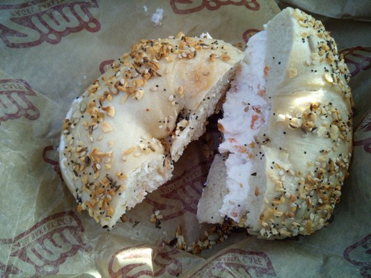 The best cream cheese lox spread! Bagel was soft inside, crunchy on outside. Spread was so creamy