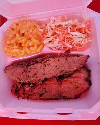 Brisket, Smoky mac and cheese, and coleslaw