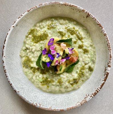 Creamy Pea and mint White Lentil Risotto with charred zucchini