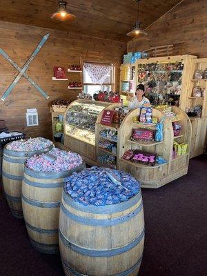 Inside, lots of candy, barrels full!