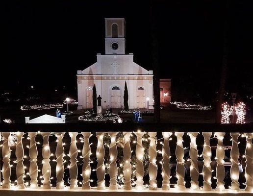 View of St Martin De Tours Church at Christmas from balcony at Maison De Tours.