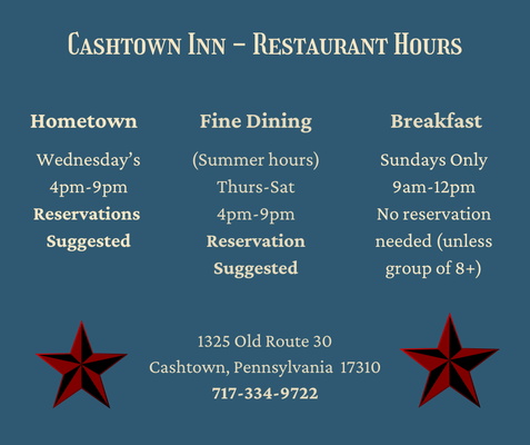 Cashtown Inn Restaurant Hours