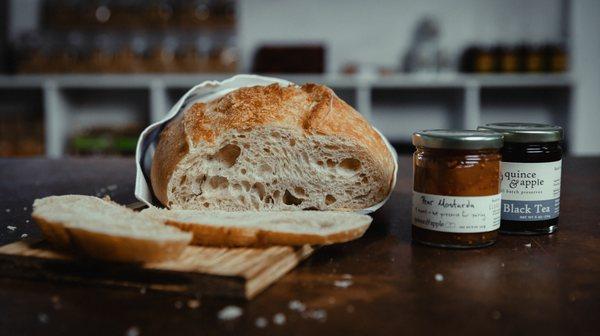 Bread from Simple Bakery & Cafe and preserves from Quince & Apple, Bushel & Pecks, and Lark Market.