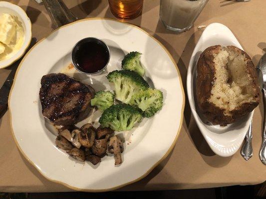 Petite Filet with Broccoli, Mushrooms, & Baked Potato