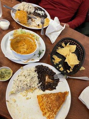 Chicken burrito covered in chorizo queso, app of chorizo queso and chips, and pulled pork stuffed quesadilla! Delish!