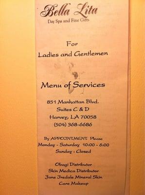 Menu of services...