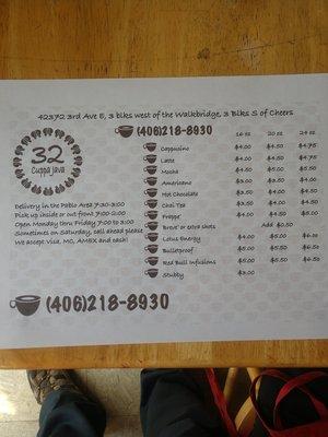 Coffee menu