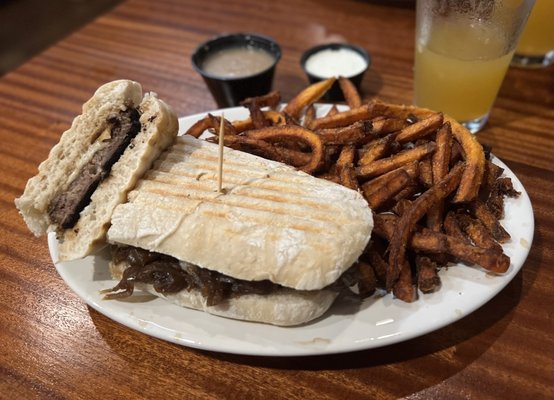 Meatloaf sandwich. Sweet Potato fries. Horseradish dip and brown gravy.