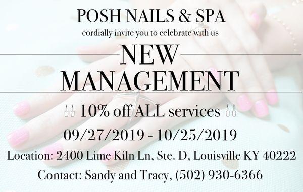 We are open with new management and would like to invite you to celebrate this occasion with us! ALL services are 10% off until 10/25/2019.