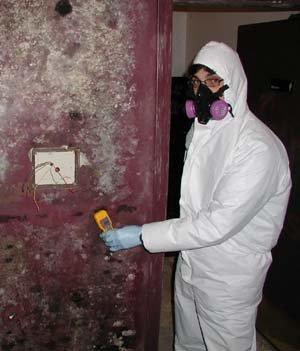 Environmental Scientist suited up for severe mold problem at water damaged night club.