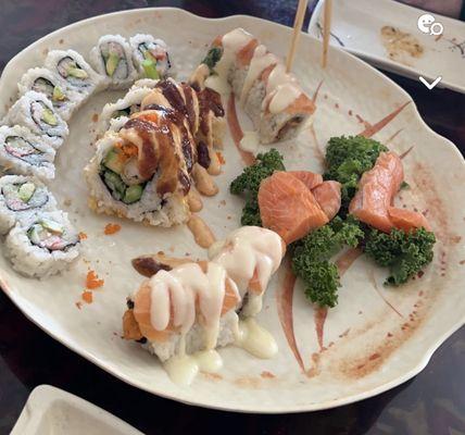 Left to Right: California Roll, Shrimp Tempura, Salmon Crunch, Salmon Sashimi