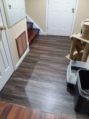 Entrance way, painting, and vinyl flooring