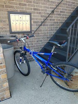 This is how their employees park their bikes.. Completely blocking access to stairway