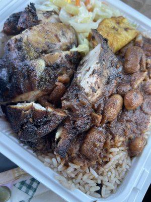 Small jerk chicken with rice and peas