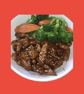 Vegan chicken teriyaki and steam veggies