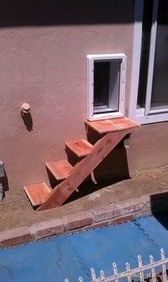 Throught wall doggy door with his own stairs to access