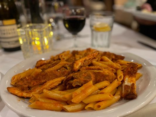 Penne Ala Vodka with fried chicken cutlet