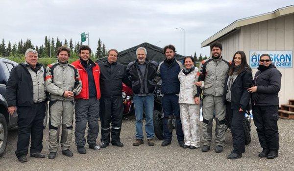 Pete (the owner) and visitors up from Brazil getting ready to take two of our BMWF800GS to Deadhorse.