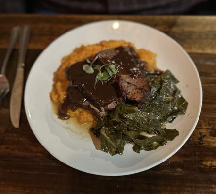 Braised Beef, collards, sweet potato mash