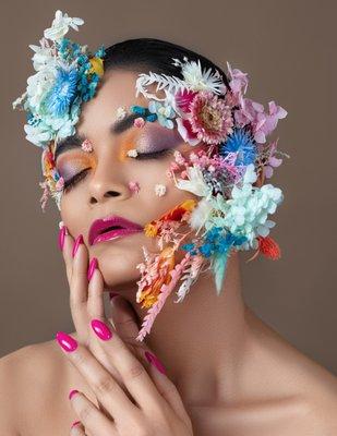 Editorial floral makeup; each flower curated by hand featured in Beautica Magazine.