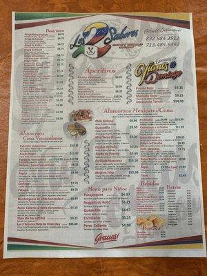 Menu in Spanish/English