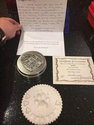 Beautiful handwritten note arrived in mail and remains with paw print delivered with true compassion.