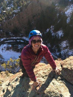 Hayley Climbing the Whales Tale in Eldo