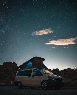 Check out our Mercedes-Benz Metris camper van, complete with a pop-up roof!