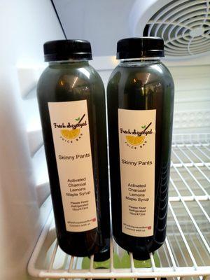 "Skinny Pants" juice (activated charcoal, lemons & maple syrup). Beyoncé did not wake up like this.16 oz. $10