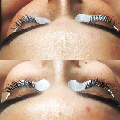 Eyelash extensions appx 60 lashes per eye. Cat eye shape.