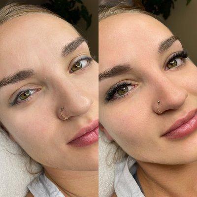 A beautiful before and after photo of natural glam lashes