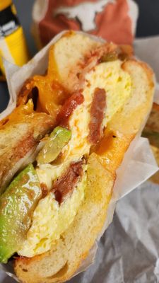 Friday breakfast NY Bagel Factory  HELLS KITCHEN Spicy Chorizo, Eggs, Pepperjack Cheese, Salsa & Avocado