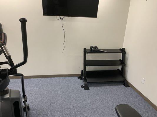 Weights missing, tv wires, wall art missing