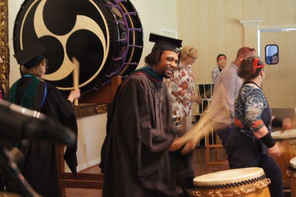 AIMC Berkeley graduation ceremony with Emeryville Taiko drummers