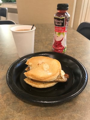 Sausage & egg sandwich, coffee & juice....$9.16 in the hospital cafeteria...... pricey!