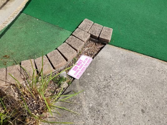 Fallen sign next to some weeds