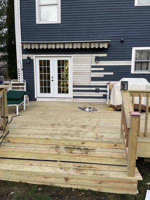 New entry way was different size then original. Clapboards replaced.