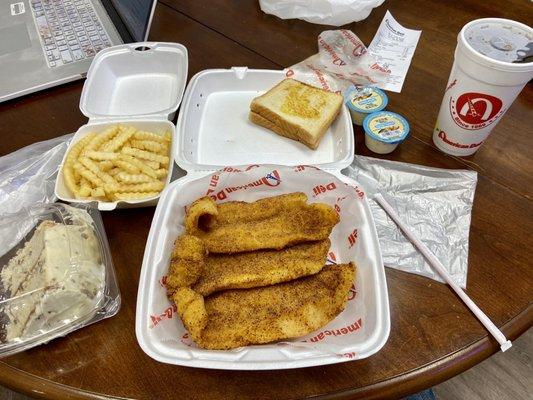 Fried Catfish was excellent. Fries were so-so. The cake was dried out.