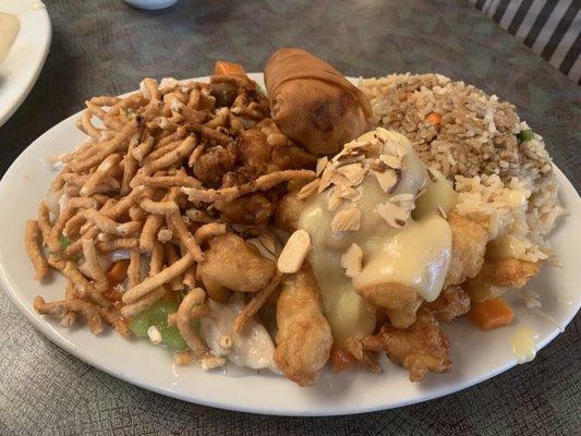 Combo plate number two chicken sub gum, almond chicken, pork fried rice, egg-roll,  egg drop soup